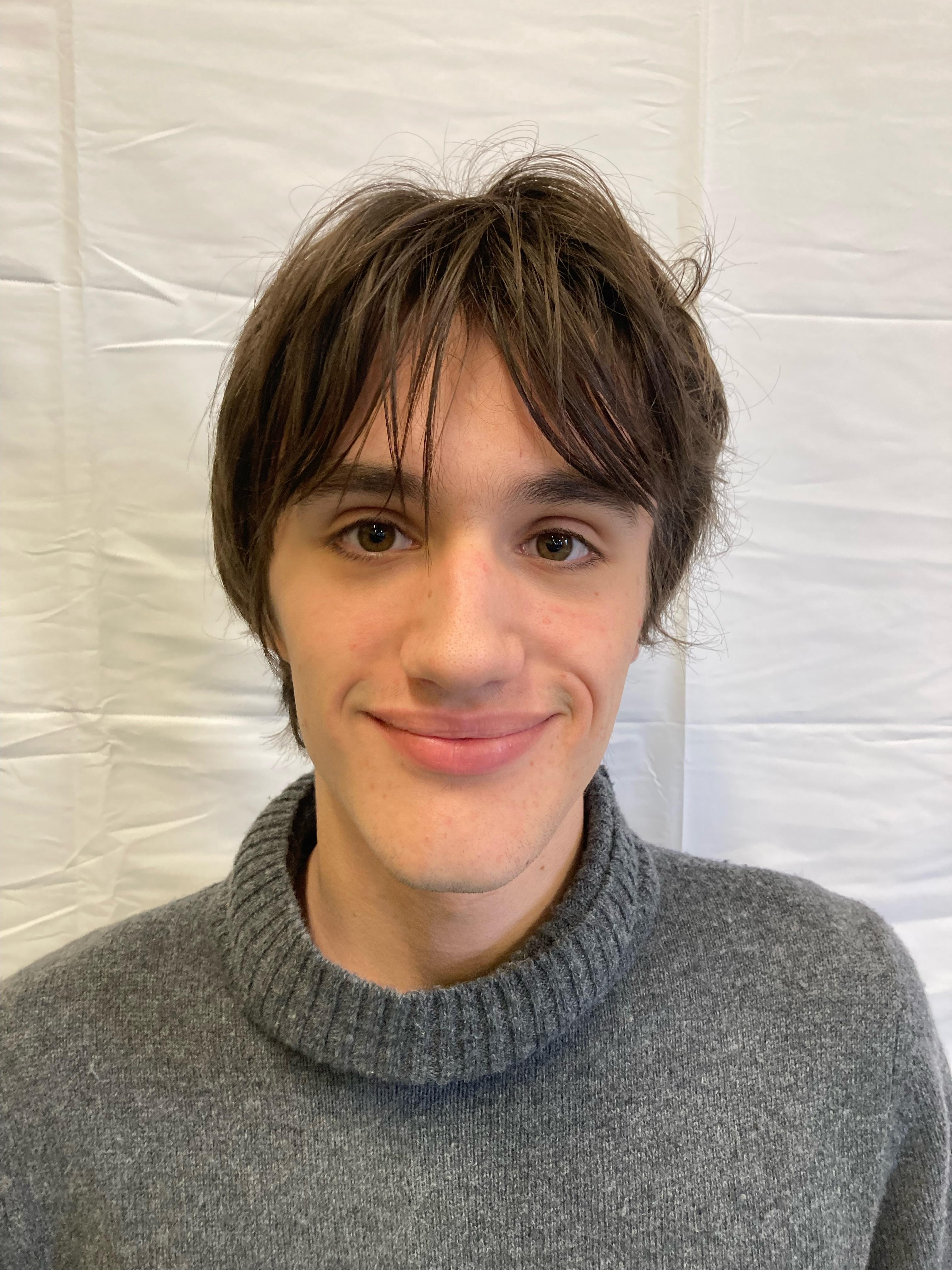 A boy with brunette hair wearing a grey jumper poses for a profile picture.