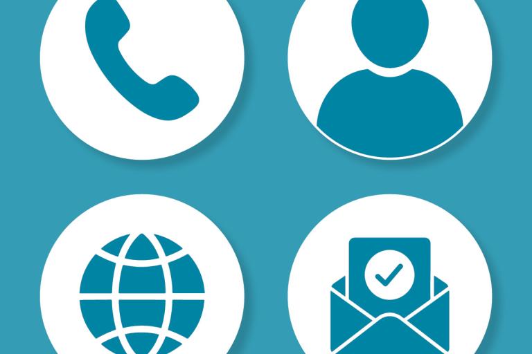Phone, in-person, online and email contact icons.