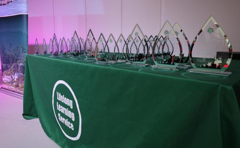 a table full of awards