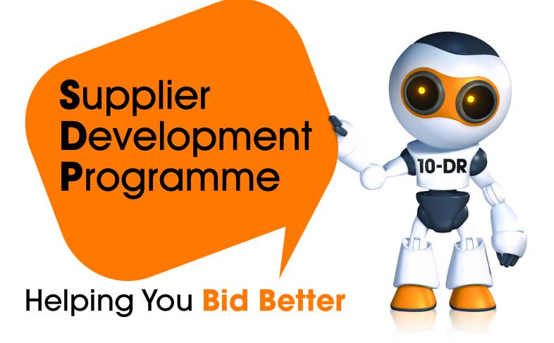 Illustration of a friendly robot promoting the Supplier Development Programme, emphasising "Helping You Bid Better" in bold text.