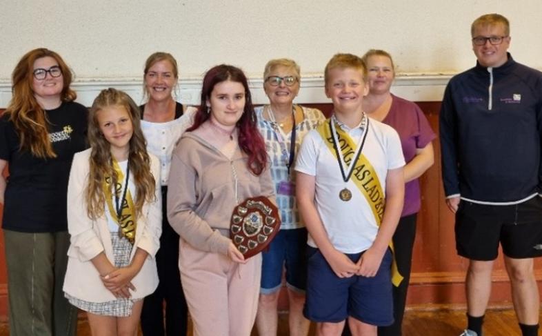 Winner of the Boccia tournament, Gemma, pictured with the Douglas Lad and Lassie, ARC staff members Sally, Rhea, Rona and Louise, and Lewis from Disability Sport