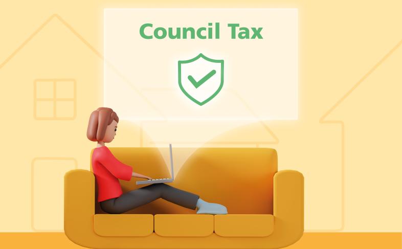 3D illustration of a person sitting on a yellow couch using a laptop with a floating screen displaying "Council Tax" and a green shield icon with a checkmark.