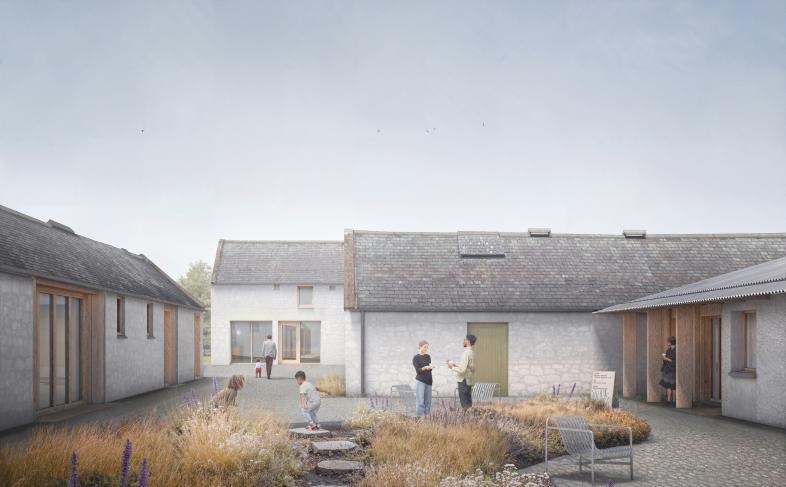 Artists impression of Ellisland looking to Burns Barn from cafe