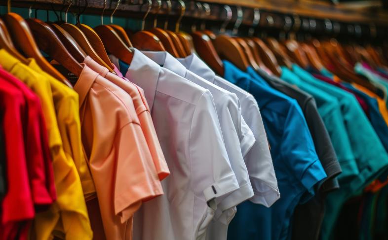Colourful school uniforms on a hanging rail in a row