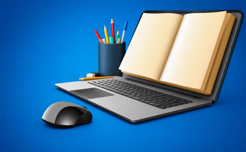 Illustration of an open book resting against a laptop, with a pencil pot, stationery and computer mouse on a blue background