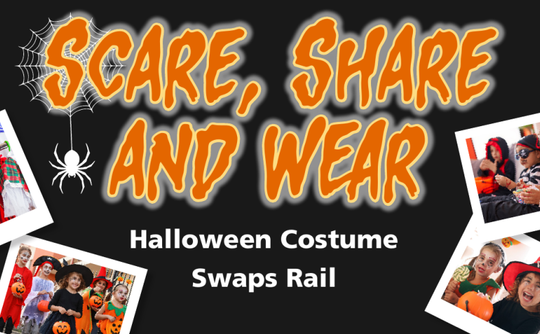 Halloween costume swap promotion with the text “Scare, Share and Wear”, spider web graphics, and photos of children in Halloween costumes and fancy dress outfits.