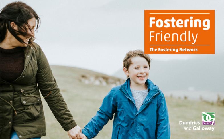 Adult and child walking outdoors beside Fostering Friendly employer accreditation branding.