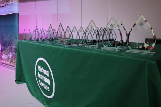 a table full of awards