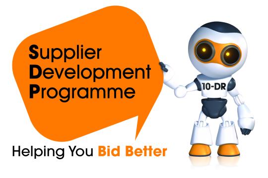 Illustration of a friendly robot promoting the Supplier Development Programme, emphasising "Helping You Bid Better" in bold text.