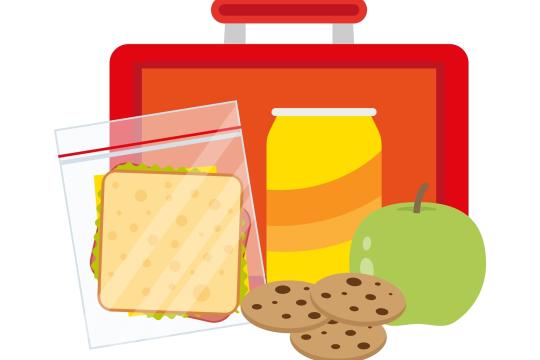 A lunchbox containing a sandwich, an apple, cookies and a drink, arranged neatly for a meal