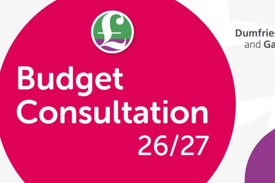 Graphic promoting the Dumfries and Galloway Council Budget Consultation for 2026/27, featuring bold text on a pink background.
