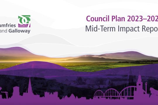 Cover image for Dumfries and Galloway Council's Mid-Term Impact Report 2023/2028, featuring a stylised landscape and council logo.
