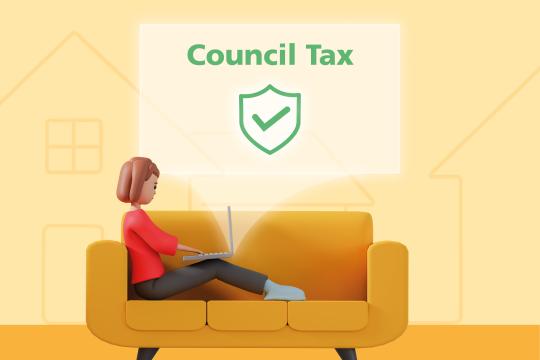 3D illustration of a person sitting on a yellow couch using a laptop with a floating screen displaying "Council Tax" and a green shield icon with a checkmark.