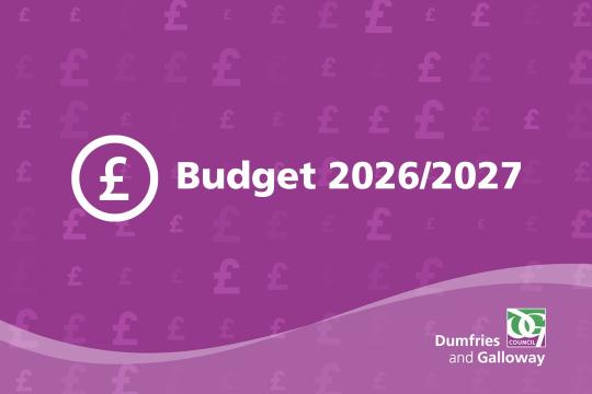 Graphic announcing the Dumfries and Galloway Council Budget 2026/2027 against a purple background patterned with pound sterling symbols.