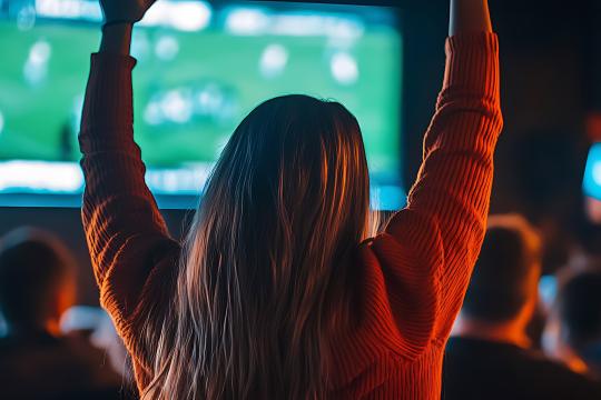 Person cheering at sports bar, watching game on TV with friends. Concept of sports, bar, fan, celebration, excitement.