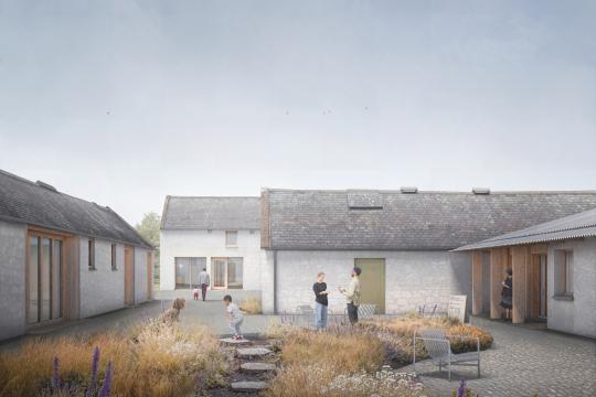 Artists impression of Ellisland looking to Burns Barn from cafe