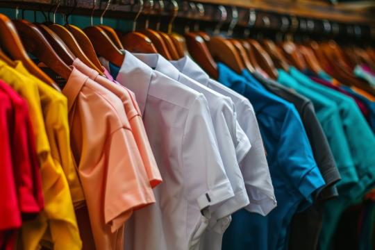 Colourful school uniforms on a hanging rail in a row