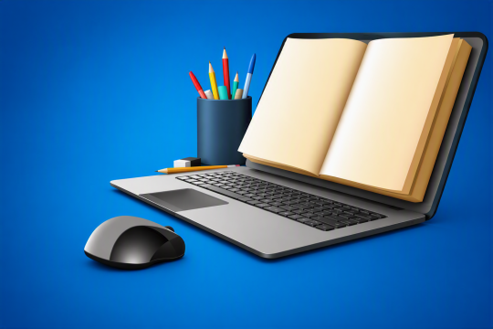 Illustration of an open book resting against a laptop, with a pencil pot, stationery and computer mouse on a blue background