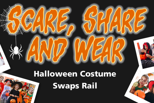 Halloween costume swap promotion with the text “Scare, Share and Wear”, spider web graphics, and photos of children in Halloween costumes and fancy dress outfits.