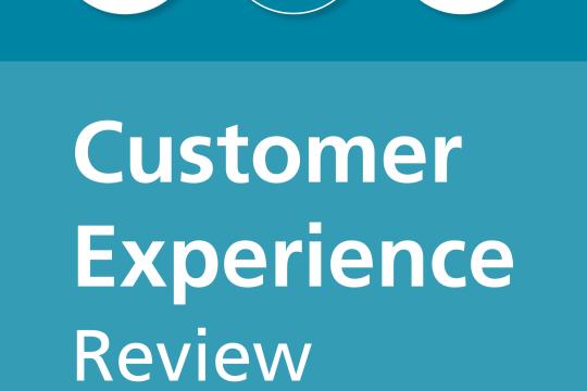 Customer Experience Review graphic with telephone, person and globe icons on a teal background, and the Dumfries and Galloway Council logo