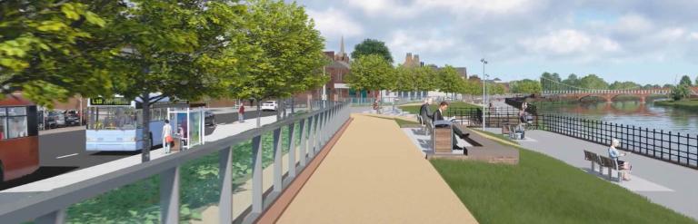 Digital image of a walkway alongside a river.